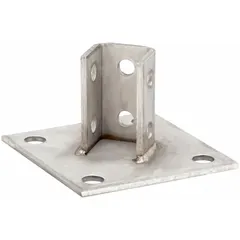 This post base is designed for single strut channels, providing a secure mounting point in framing and support systems. It features a polished finish and a 3/4 in hole diameter for attachment. Typical applications include electrical, mechanical, and material handling installations where corrosion resistance is required.
