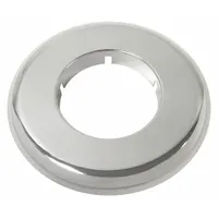 Plastic escutcheon with chrome finish, supplied in a 12-pack. Designed to cover the gap between a faucet base and mounting surface, providing a finished appearance. Universal fit compatible with most manufacturers' faucet series