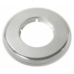 Plastic escutcheon with chrome finish, supplied in a 12-pack. Designed to cover the gap between a faucet base and mounting surface, providing a finished appearance. Universal fit compatible with most manufacturers' faucet series.