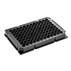 This 96-well microplate is made of black polystyrene with round wells, each having a 0.32 mL capacity. The plate diameter is 85 mm. It is non-sterile and not RNase/DNase free. Suitable for general laboratory assays, sample storage, and high-throughput screening where sterility is not required.