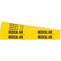 Yellow adhesive pipe marker with black legend reading 'Medical Air' for identifying pipes carrying medical air. Fits pipe outer diameters from 3/4 to 2-3/8 inches. Pack includes 4 markers without arrows. Suitable for indoor or sheltered outdoor use in healthcare or industrial gas systems.