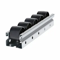 Roller track component for clamp-on pipe systems. Constructed from cold rolled steel with a galvanized finish. Measures 96 inches in length and accommodates 28 mm pipe size. Used to support and guide pipes in material handling and conveyor applications.