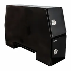 This steel truck box features a gloss black finish and a four-door design with an offset base. It provides secure, organized storage for tools and equipment in service trucks, work vans, and fleet vehicles. Overall depth is 58 inches and overall height is 24 inches.