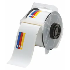 Vinyl precut label rolls with acrylic adhesive, white, in two sizes: 2 1/4 in x 4 in and 4 1/4 in x 2 1/4 in. Compatible with GlobalMark 2 printer series. Used for on-demand creation of color-bar and blank-text-area labels for industrial identification and compliance labeling.