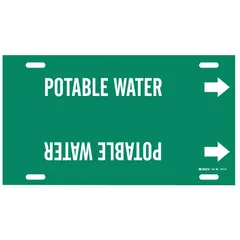 Green strap-on pipe marker with white legend reading 'Potable Water' and directional arrows. Fits pipe outer diameters of 6 to 7-7/8 inches. Used to identify drinking water lines in piping systems.