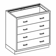 This wall-mounted base cabinet is constructed of stainless steel for corrosion resistance. It features four drawers for organized storage of tools, instruments, or supplies. Overall dimensions: 35 in width, 22 in depth. Suitable for laboratory, clean room, and industrial environments.