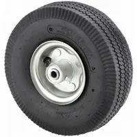 This standard pneumatic wheel features a 10-inch diameter rubber tire with a 3-inch width and a 300 lb load capacity. Designed for industrial carts, dollies, and equipment, it provides mobility and shock absorption on uneven surfaces in workshops, warehouses, and light manufacturing environments
