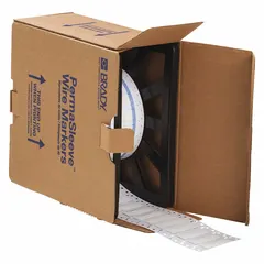 Polyolefin precut sleeve label roll with white matte finish. Measures 3/8 in x 2 in and accommodates wire gauges from 4 AWG to 12 AWG. Compatible with THT printer series. Used for wire and cable identification in electrical panels, machinery, and control systems.