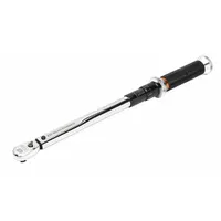 Ratcheting micrometer torque wrench with 3/8 in square drive. Torque range 10 to 100 ft-lb. Used for tightening fasteners to a specified torque in automotive, industrial, and mechanical assembly and maintenance applications