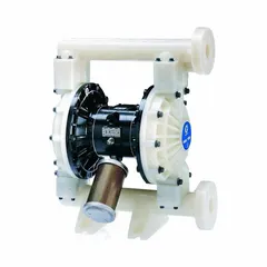This air-operated double-diaphragm pump features a PVDF housing, PVDF seat, and PTFE check valves for corrosion resistance. With 1 1/2 in NPT connections and a flow rate of 100 gpm, it is suited for transferring aggressive chemicals and solvents in industrial processing and water treatment applications.