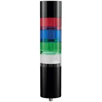 This four-tier tower light assembly provides visual and audible status indication for industrial machinery and automation systems. It includes blue, green, red, and white light tiers plus an integrated sounder. Operating voltage is 21.6 to 26.4 VDC
