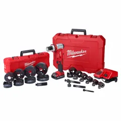 This cordless knockout punch system operates on 18V DC and includes a 2.0 Ah battery and charger. It punches clean holes in steel enclosures and panels, with a 4-inch capacity in 14-gauge maximum steel thickness. The kit comes with one 3-inch die, suitable for electrical and industrial maintenance tasks requiring portability.