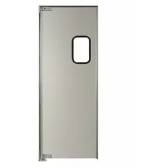 Single-door swinging door with a gray aluminum frame and zinc components. Includes an acrylic window, bumpers, and mounting hardware. Meets USDA standards. Door seals not included. Suitable for industrial and commercial openings requiring a durable, easy-to-clean passage.