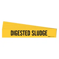 Yellow adhesive pipe marker with black legend reading 'Digested Sludge'. Suitable for pipe outer diameters from 2-1/2 to 7-7/8 inches. Pack of 5 markers without directional arrows. Used to identify piping carrying digested sludge in wastewater treatment and industrial facilities.