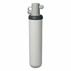 This quick-connect water filter is designed for drinking fountains and beverage machines. It uses polyphosphate filter media to reduce scale buildup, helping protect equipment from mineral deposits. The filter has a flow rate of 1.5 gpm and an overall height of 9-5/8 inches.
