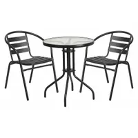 This round patio table set includes two metal chairs with metal backs and seats, and a 23 3/4 inch diameter glass tabletop. The frames are finished in black powder coating, and the chairs feature plastic floor glides. Suitable for small outdoor dining or bistro seating on decks, balconies, or patios