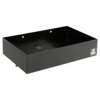 Steel gas can rack with black finish, designed for trailer frame-mount installation. Includes a secure strap to hold gas cans in place. Overall height 4 inches. Suitable for transporting fuel containers on trailers or work vehicles