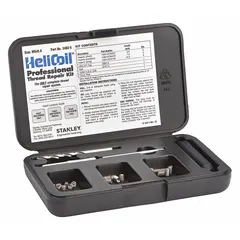 This thread repair kit includes 18-8 stainless steel helical inserts and a right-hand STI tap for M5-0.80 coarse threads. It is used to restore damaged internal threads in metal components, providing a new free-running thread. The kit is suitable for applications requiring metric thread repair in metal substrates.