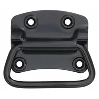 This folding pull handle is made of steel with a black polished zinc finish. It features unthreaded mounting holes for #10 screws and a 0.31 in grip thickness. The non-recessed design allows the handle to fold flat when not in use, suitable for cabinets, enclosures, and machinery where space is limited