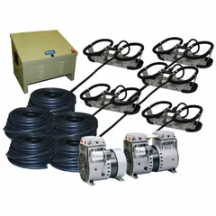 Fine bubble diffuser system with bubble size of 3 to 5 mm. Max air flow 8 cfm, covering 452 sq ft surface area. Used for aeration in ponds, lagoons, and tanks to support biological processes.