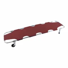 This wheeled stretcher features a foldable red aluminum frame and polypropylene straps with buckle closure. It supports a maximum weight of 350 lb and measures 74 inches in length by 20 inches in width. Suitable for emergency medical transport and patient handling in various settings.