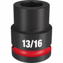 This 3/4" drive impact socket features a 13/16 in SAE hex size with a 6-point design for use with impact wrenches. Suitable for heavy-duty fastening in automotive, construction, and industrial maintenance applications.