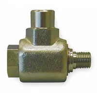 Zinc-plated steel 90° elbow swivel fitting with Buna-N seals. Features a 3/8"-18 Male NPTF inlet and 3/8"-18 Female NPTF outlet. Rated for maximum operating pressure of 5,000 psi. Used in hydraulic and pneumatic systems to connect hoses or pipes where a rotating joint relieves torque and reduces stress on connections