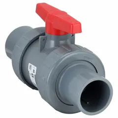This CPVC ball valve features a straight body with socket x socket connections and a tee handle. Rated for a maximum pressure of 235 psi (CWP), it is used for on/off flow control in piping systems handling corrosive fluids.