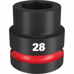 This 1" drive impact socket is designed for heavy-duty fastening applications. It features a 28 mm metric size, 6-point configuration, and a friction ring retention mechanism. The socket has a black phosphate finish and is suitable for use with impact tools in automotive, construction, and industrial settings.