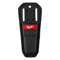 Black synthetic leather open-top sheath with one pocket, designed for carrying pruners. Attaches via clip, strap, or hook-and-loop to belts up to 2 inches wide. Suitable for arborists, landscapers, and maintenance workers requiring hands-free tool access.