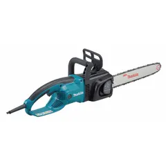 The MAKITA UC4051A is a 120 V corded chainsaw with a 16-inch bar and rear handle design. It features an automatic chain oiler for continuous lubrication. This model is suited for cutting tasks such as limbing, bucking, and felling small trees.