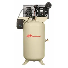 Two-stage, splash lubricated stationary electric air compressor with vertical 80-gallon tank. Delivers 14.3 cfm at 175 psi, powered by 480V AC three-phase. Suitable for powering pneumatic tools and equipment in industrial and maintenance settings.