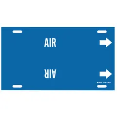Blue strap-on pipe marker with white legend reading 'Air' and directional arrows. Fits pipe outer diameters of 8 to 9-7/8 inches. Used for identifying air piping in industrial facilities.