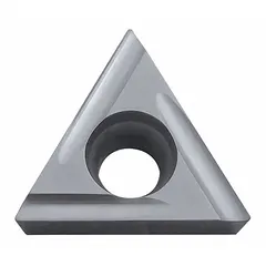 Carbide triangle turning insert for indexable turning tools. Used in CNC lathes for finishing and light machining operations such as turning, facing, and profiling on metal workpieces.