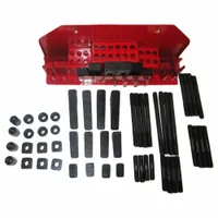 Wall-mount machine clamping kit containing 58 pieces for use with 3/4 in T-slots. Includes (4) 4 in studs with 5/8" thread size, along with step blocks, flange nuts, and T-slot nuts. Suitable for fixturing workpieces on milling machines, drill presses, and other industrial equipment