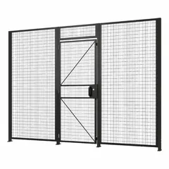 This woven-wire machine guard door measures 94 inches by 46 inches and features a powder-coated finish. It includes a pull handle and a cylinder lock for access control. Mounting hardware is supplied for installation. Typical applications include securing enclosures around industrial machinery to prevent unauthorized access.