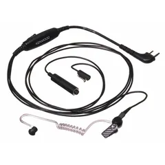 Clear earbud-style headset with push-to-talk function for Kenwood NX-P1000 series radios. Features a two-pin connector and three wires. Suitable for two-way radio communication in environments requiring hands-free operation.
