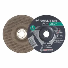 General purpose grinding wheel for soft metals. Type 27 depressed center design with 24 grit ALU series construction. Dimensions: 6" diameter, 1/4" thickness, 7/8" arbor hole. Suitable for weld preparation, deburring, and surface blending on aluminum and other non-ferrous materials.