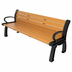 Vandal-resistant resinwood bench from the Heritage series. Overall length 72 inches, overall height 30 inches. Gray seat with black frame. Suitable for public outdoor seating areas such as parks, transit stations, and commercial plazas.