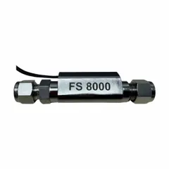 Piston-type flow switch with fixed set point and normally open switch position. Constructed with 316 stainless steel, 3/8 in tube connection, rated 0.07 A at 120V DC, operating temperature -20°F to 150°F. Used for flow detection in industrial piping systems such as cooling circuits and lubrication systems.