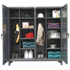 This combination wardrobe shift cabinet from STRONG HOLD provides secure storage for tools, uniforms, and personal items in industrial and commercial facilities. It features 10 adjustable shelves and two swing doors, with a dark gray finish and leg base. The cabinet arrives fully assembled.