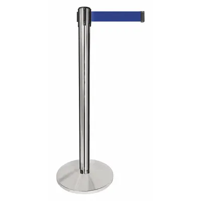 QUEUEWAY Barrier Post with Belt: Blue, No Pattern, No Legend, 10 ft Belt Lg, Gray - Solid-Color Retractable Belt Post Barriers