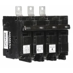 Three-pole bolt-on miniature circuit breaker rated 100 A at 120/240V AC, three-phase, with shunt trip. Part of the BL series, it provides overcurrent protection with a maximum AIR rating of 10kA at 240V AC. Designed for use in Siemens P1 panelboards for branch circuit protection in commercial and industrial electrical distribution systems.