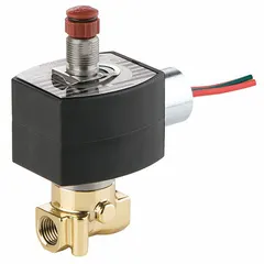 This 3-way/2-position configurable solenoid valve from REDHAT features a 1/4 in pipe size and operates on 24V DC. The watertight coil enclosure is suitable for washdown or outdoor environments. It is designed for controlling the flow of liquids or gases in industrial automation and fluid power systems.