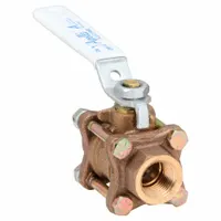 Bronze straight ball valve with full port design for minimal flow restriction. Features female NPT threaded ends and a lever handle for manual on/off control. Suitable for water, oil, and gas applications in industrial piping systems requiring corrosion resistance