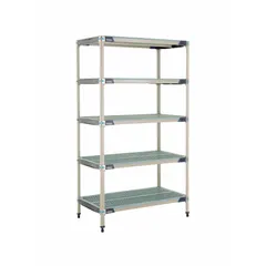 This stationary shelving unit features five shelves with a frame and shelving material of 304 stainless steel, offering antimicrobial resistance. It is suited for harsh environments where hygiene and corrosion resistance are required, such as in facilities that undergo frequent cleaning and moisture exposure.