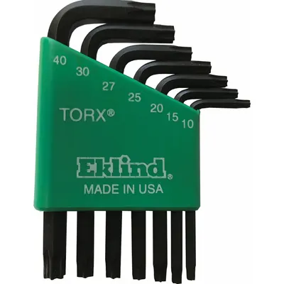 EKLIND Torx Key: Short, 7 Pieces, T10/T15/T20/T25/T27/T30/T40 Tip Size, Std End - L-Shaped Torx & Torx Plus Key Sets