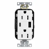 USB Receptacle: Decorator Duplex, 5-15R, USB Type A/C, White, 125V AC, 15 A (MPN M56AC-W)