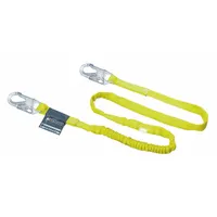 This shock-absorbing lanyard features a single leg of polyester tubular webbing with steel snap hooks at both ends. It includes a visual load indicator to show if the lanyard has been subjected to a fall. Used in fall protection systems to connect a harness to an anchor point while reducing arrest forces
