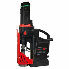 Standard magnetic drill press with electric magnet, 9 in drill travel, and Weldon spindle. Operates on 115V AC, 19 A current. Suitable for drilling on ferrous surfaces in industrial applications such as steel fabrication and structural steel work.